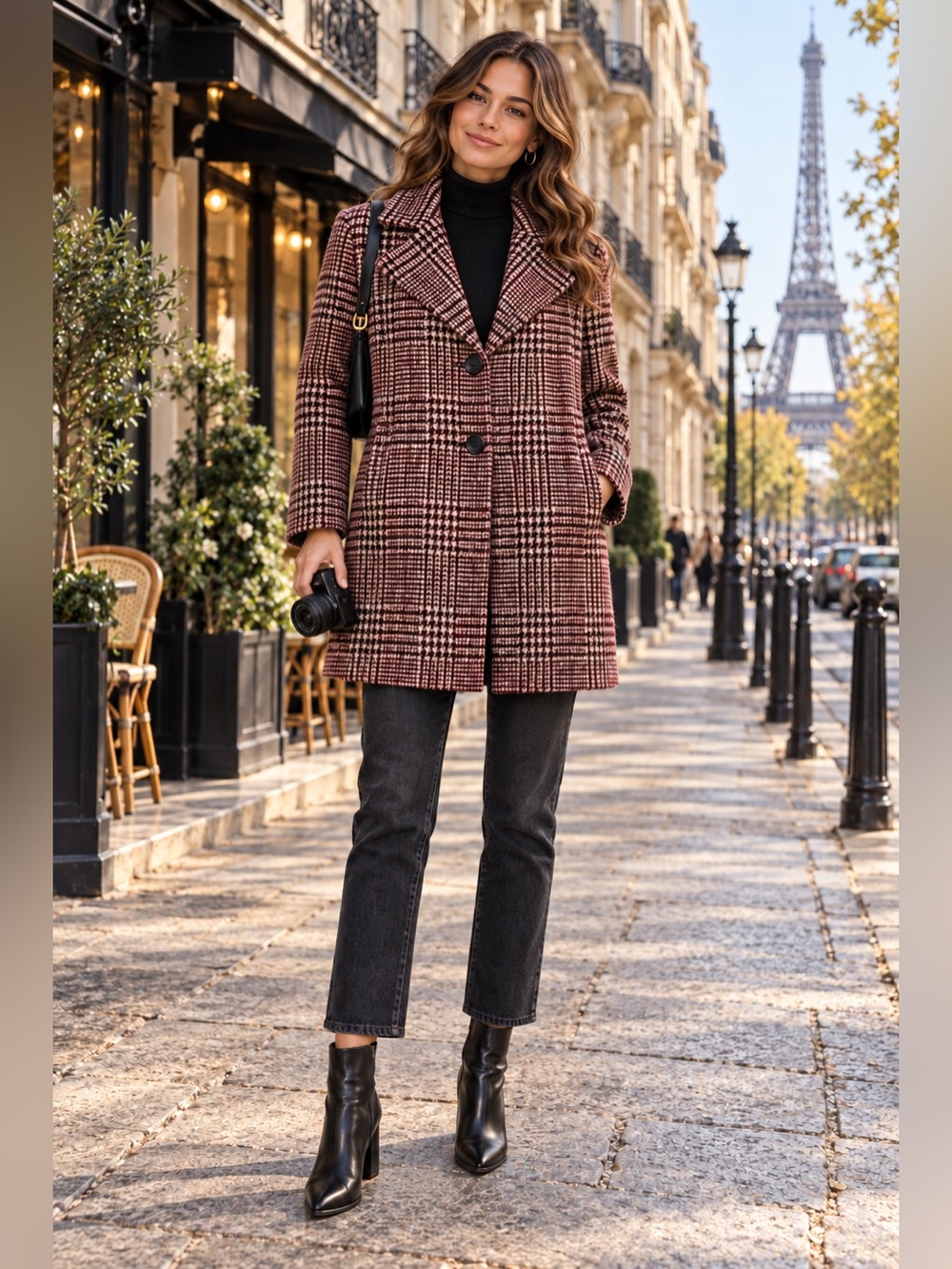 Sam Edelman Burgundy Plaid Wool-Blend Pea Coat 10